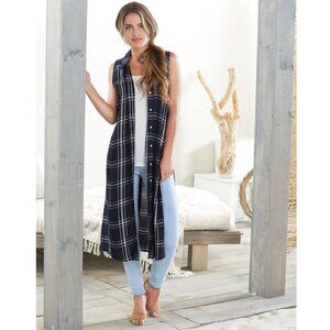 Mud Pie Small S Navy Blue White Plaid Check Viscose Sleeveless Duster Shirt Vest